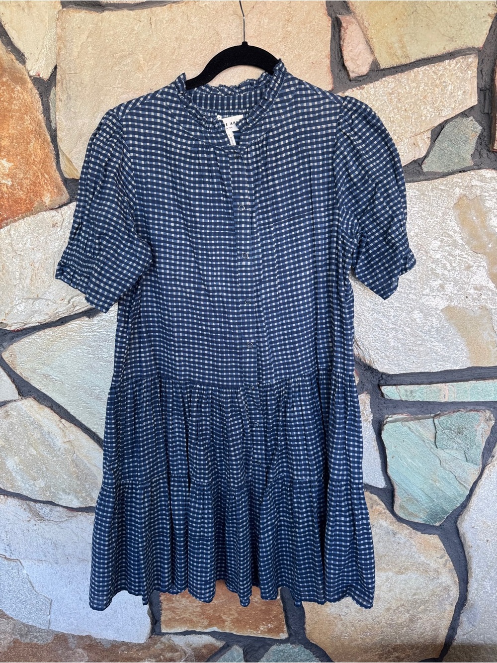 Apiece Apart Navy and White Check Tiered Short Sleeve Midi Dress